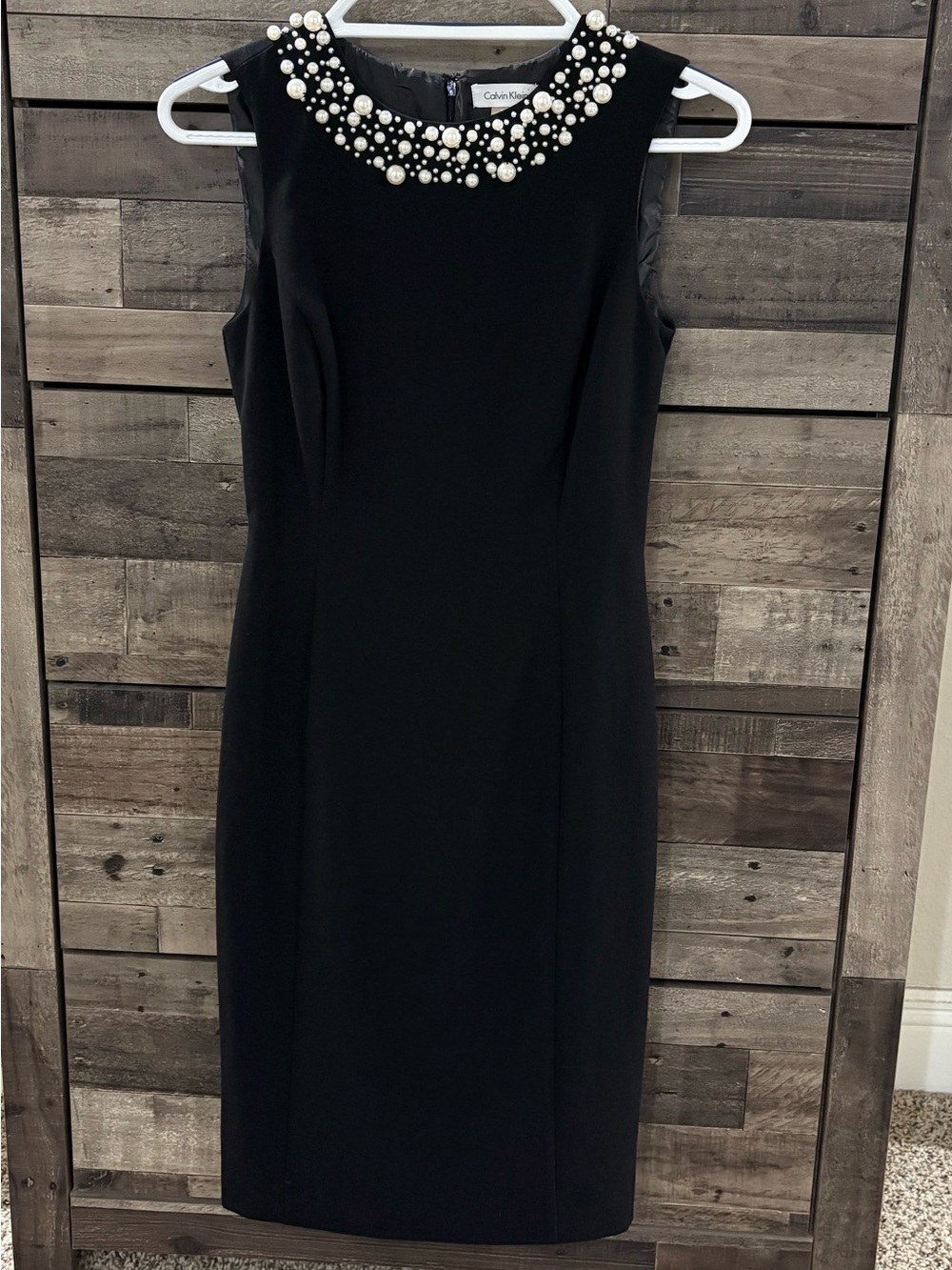 Calvin Klein Black Sheath Dress with Pearl-Embellished Neckline - size 0